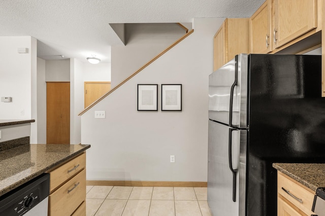 2566 Ellis Ave Unit 124, Saint Paul, MN 55114 - kitchen with freestanding refrigerator, light brown cabinets, dishwasher, light tile patterned flooring, and dark stone counters