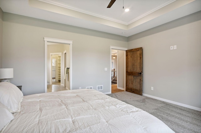 18022 Urbank St NE, Ham Lake, MN 55304 - bedroom with ornamental molding, baseboards, light carpet, recessed lighting, and ceiling fan