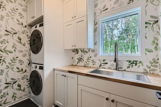 18022 Urbank St NE, Ham Lake, MN 55304 - washroom with stacked washer / dryer and cabinet space