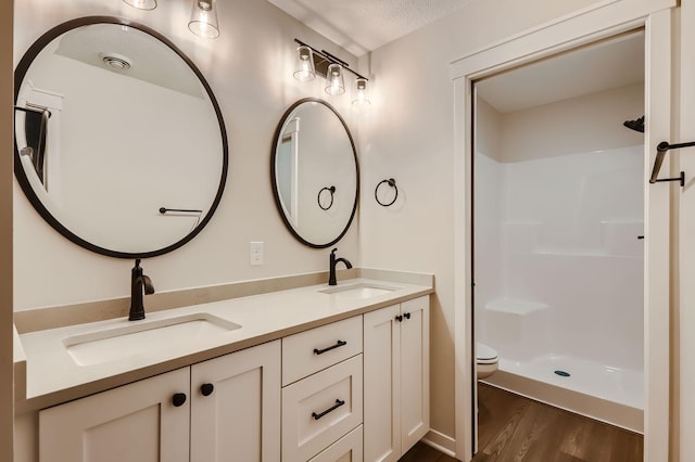 18022 Urbank St NE, Ham Lake, MN 55304 - full bath featuring wood finished floors, double vanity, toilet, a shower, and a textured ceiling