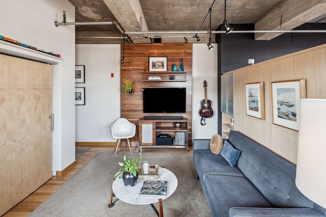 901 3rd St Unit 411, Minneapolis, MN 55401 - living room with wood finished floors, wooden walls, and a high ceiling