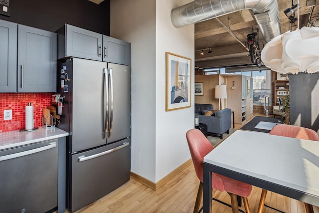 901 3rd St Unit 411, Minneapolis, MN 55401 - kitchen with appliances with stainless steel finishes, light wood finished floors, baseboards, tasteful backsplash, and rail lighting