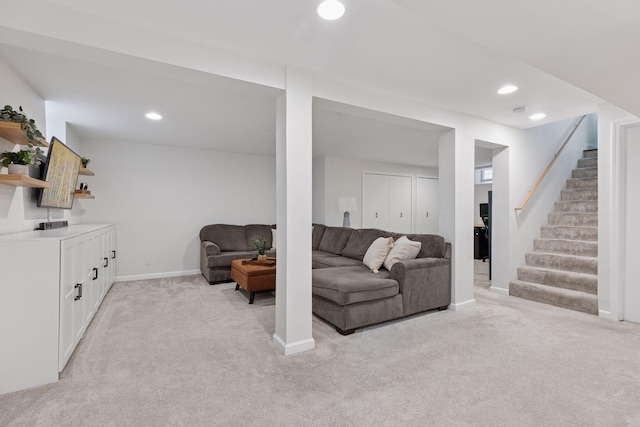 2904 Jersey Ave S, Saint Louis Park, MN 55426 - living area featuring light carpet, stairs, and recessed lighting