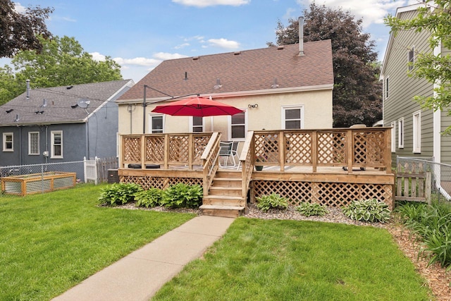 2904 Jersey Ave S, Saint Louis Park, MN 55426 - back of property with stucco siding, a shingled roof, and a wooden deck