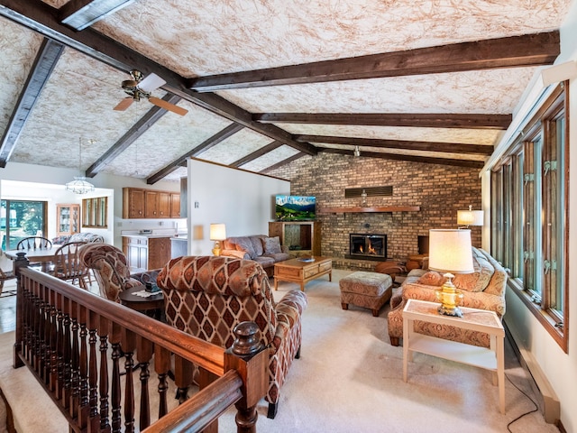 8048 Lake Ida Way NW, Alexandria, MN 56308 - carpeted living room with a ceiling fan and a brick fireplace