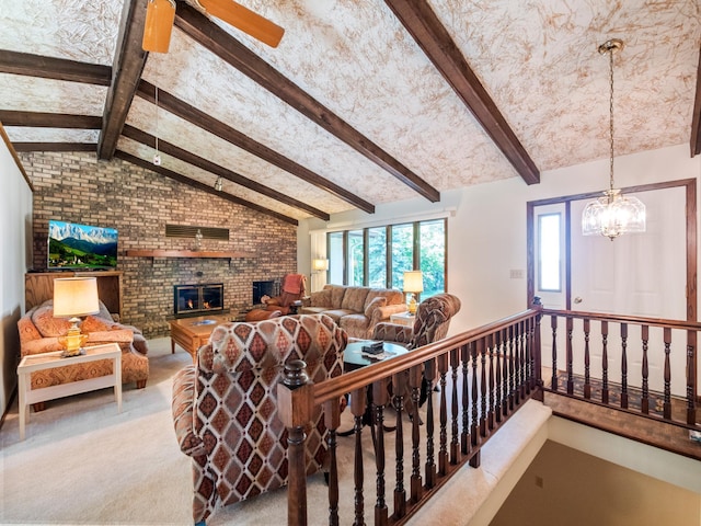 8048 Lake Ida Way NW, Alexandria, MN 56308 - carpeted living area featuring healthy amount of natural light, a fireplace, brick wall, a chandelier, and a ceiling fan
