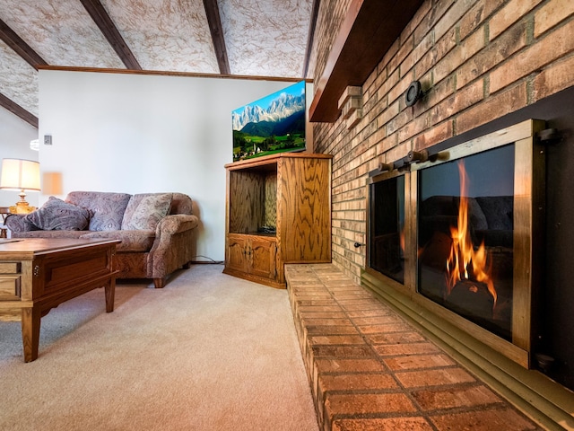 8048 Lake Ida Way NW, Alexandria, MN 56308 - carpeted living area featuring beamed ceiling and a fireplace
