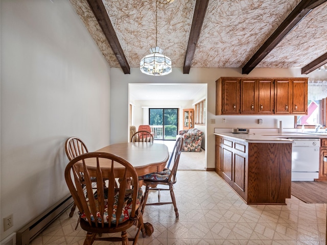 8048 Lake Ida Way NW, Alexandria, MN 56308 - kitchen featuring white dishwasher, light floors, a baseboard heating unit, beam ceiling, and brown cabinets