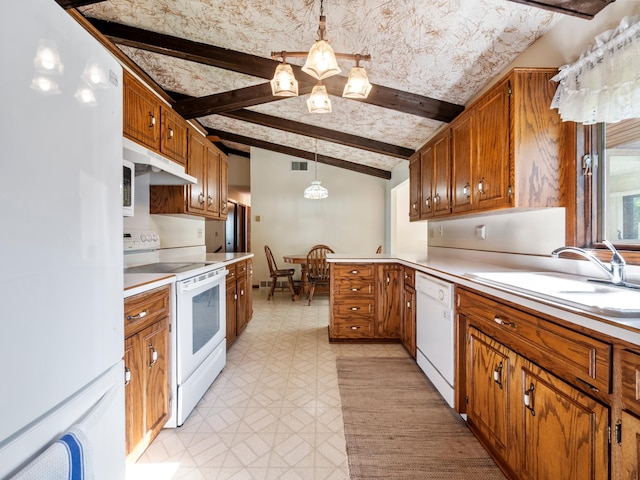 8048 Lake Ida Way NW, Alexandria, MN 56308 - kitchen with white appliances, brown cabinets, a sink, light countertops, and pendant lighting