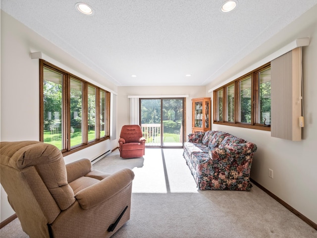 8048 Lake Ida Way NW, Alexandria, MN 56308 - living area featuring carpet, a baseboard heating unit, recessed lighting, baseboards, and a textured ceiling