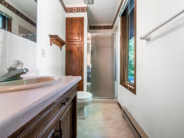 8048 Lake Ida Way NW, Alexandria, MN 56308 - full bath with toilet, vanity, a shower stall, a textured ceiling, and tile patterned flooring
