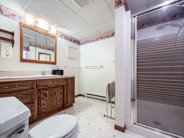 8048 Lake Ida Way NW, Alexandria, MN 56308 - full bath featuring toilet, a shower stall, vanity, baseboards, and a drop ceiling