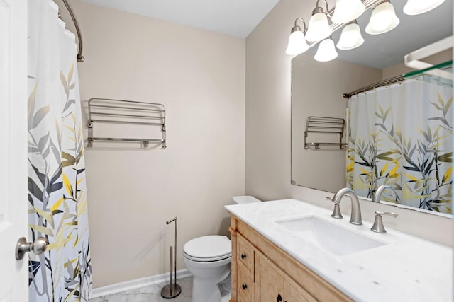 7719 Nicholas Way, Chanhassen, MN 55317 - full bath featuring vanity, toilet, a shower with shower curtain, marble look tiles, and baseboards