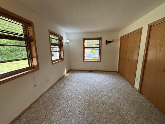 23759 Clarissa Haven Dr, Girard Twp, MN 56551 - unfurnished bedroom featuring two closets, multiple windows, light carpet, a textured ceiling, and baseboards
