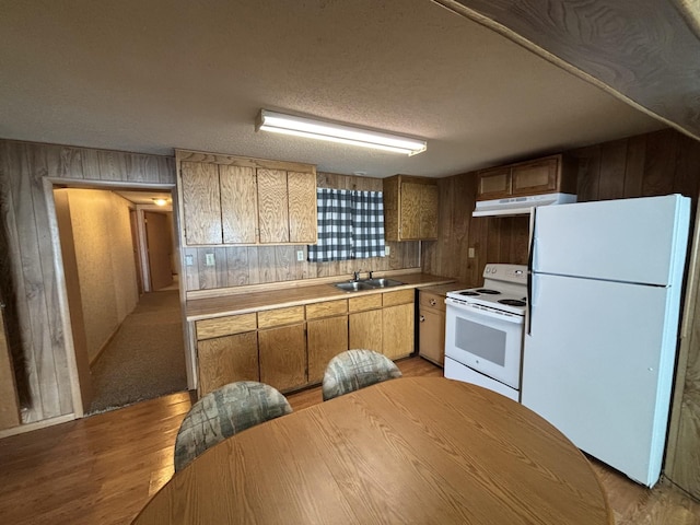 23759 Clarissa Haven Dr, Girard Twp, MN 56551 - kitchen featuring white appliances, wood walls, under cabinet range hood, light countertops, and a sink