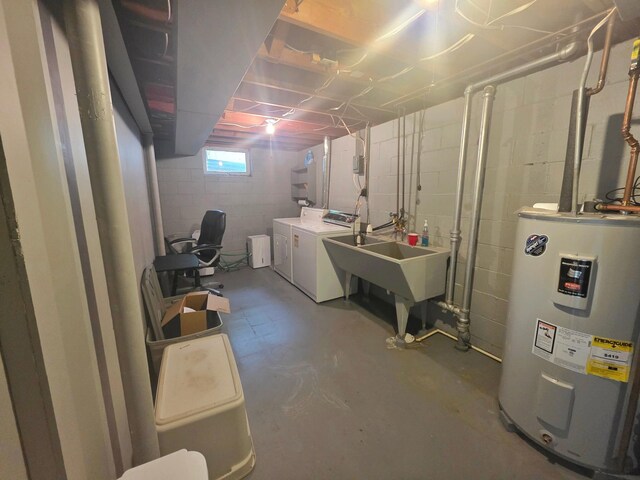 1331 9th St, Grand Rapids, MN 55744 - below grade area with water heater, washing machine and clothes dryer, and a sink
