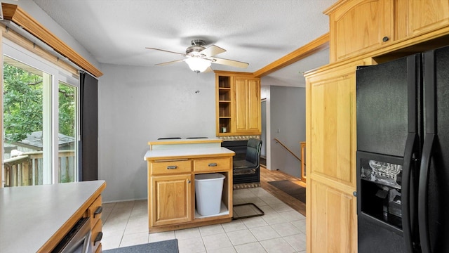 1504 89th Ave N, Brooklyn Park, MN 55444 - kitchen featuring black refrigerator with ice dispenser, ceiling fan, light countertops, light tile patterned flooring, and open shelves