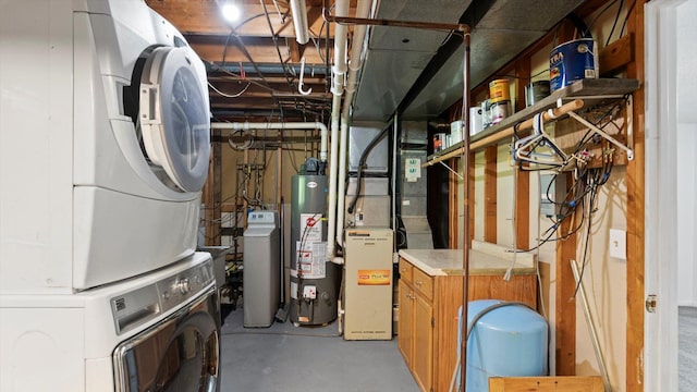 1504 89th Ave N, Brooklyn Park, MN 55444 - unfinished basement featuring stacked washer and clothes dryer, water heater, a water softener, and a water pressure tank