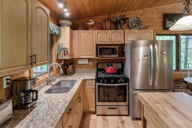 40456 Little Pine River Rd, Emily, MN 56447 - kitchen featuring appliances with stainless steel finishes, a sink, wood ceiling, wooden counters, and light brown cabinetry