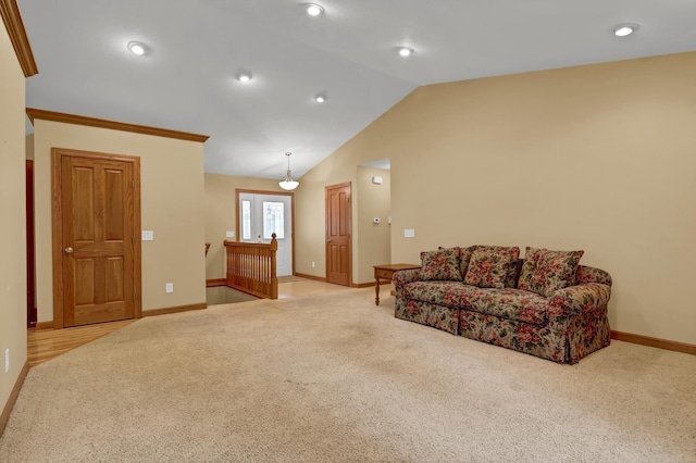 1426 Woodland Way, Lake City, MN 55041 - living room with light colored carpet, vaulted ceiling, and baseboards