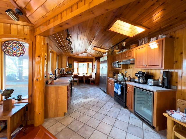 X Waters Island, Morse Twp, MN 55731 - kitchen featuring stainless steel appliances, lofted ceiling, wood ceiling, under cabinet range hood, and wood walls