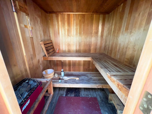 X Waters Island, Morse Twp, MN 55731 - sauna featuring wooden walls, wood ceiling, and hardwood / wood-style flooring