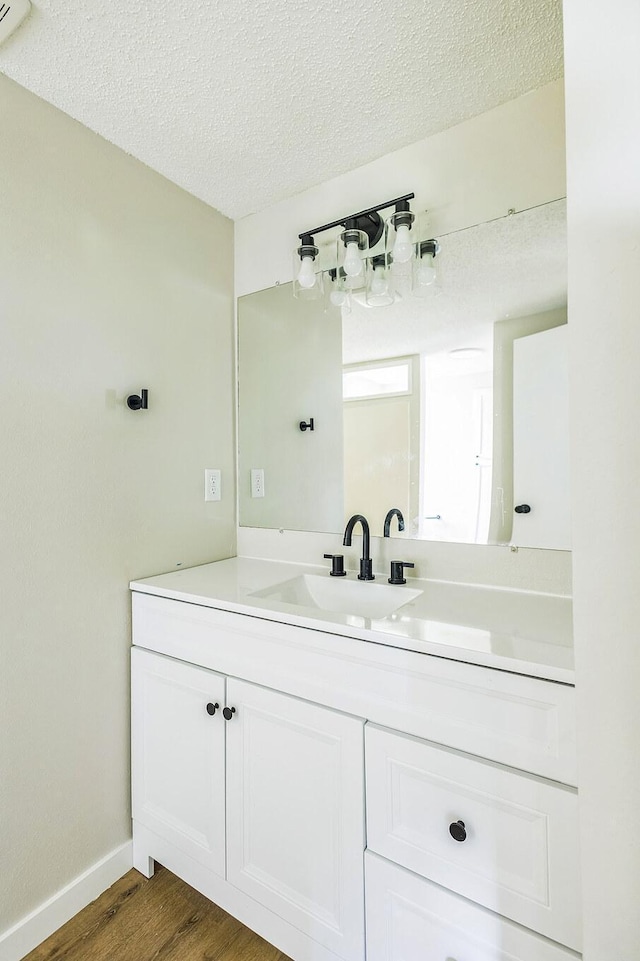 19363 County Road 21, Eden Lake Twp, MN 56368 - bathroom featuring vanity, wood finished floors, a textured ceiling, and baseboards