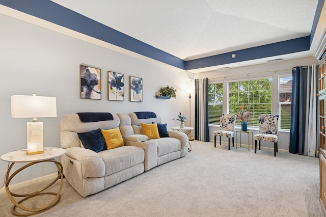 3800 85th Ave N Unit 312, Brooklyn Park, MN 55443 - carpeted living room featuring baseboards and a raised ceiling