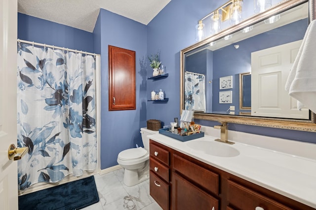 3800 85th Ave N Unit 312, Brooklyn Park, MN 55443 - bathroom featuring toilet, vanity, marble finish floors, and curtained shower