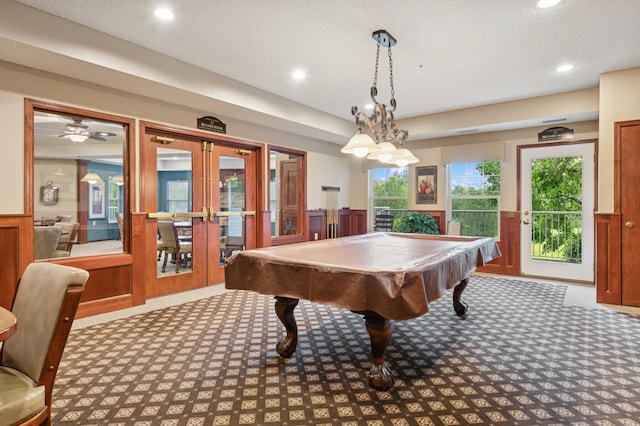 3800 85th Ave N Unit 312, Brooklyn Park, MN 55443 - playroom with french doors, a wainscoted wall, carpet, recessed lighting, and billiards