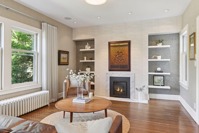 1617 Franklin Ave, Minneapolis, MN 55405 - living area featuring radiator, built in shelves, a fireplace, baseboards, and wood finished floors