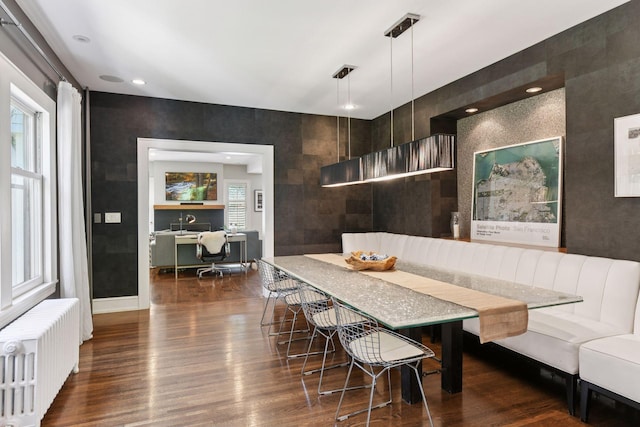 1617 Franklin Ave, Minneapolis, MN 55405 - dining space with radiator, breakfast area, dark wood-style floors, an office area, and tile walls