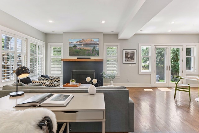 1617 Franklin Ave, Minneapolis, MN 55405 - living room featuring baseboards, wood finished floors, a fireplace, french doors, and recessed lighting