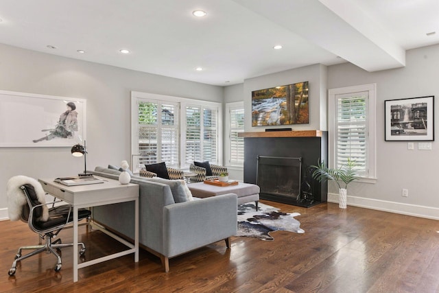 1617 Franklin Ave, Minneapolis, MN 55405 - living room with a fireplace, plenty of natural light, wood finished floors, baseboards, and recessed lighting