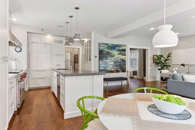 1617 Franklin Ave, Minneapolis, MN 55405 - kitchen featuring stainless steel appliances, a sink, dark countertops, dark wood-style floors, and wall chimney exhaust hood
