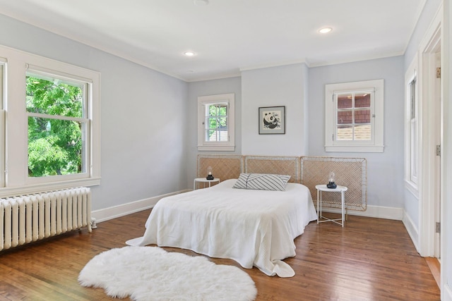 1617 Franklin Ave, Minneapolis, MN 55405 - bedroom with radiator heating unit, ornamental molding, baseboards, wood finished floors, and recessed lighting