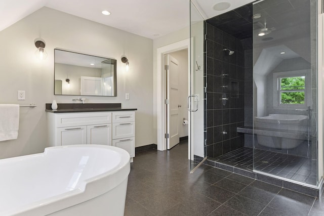 1617 Franklin Ave, Minneapolis, MN 55405 - full bath featuring a stall shower, vanity, recessed lighting, a bathtub, and baseboards