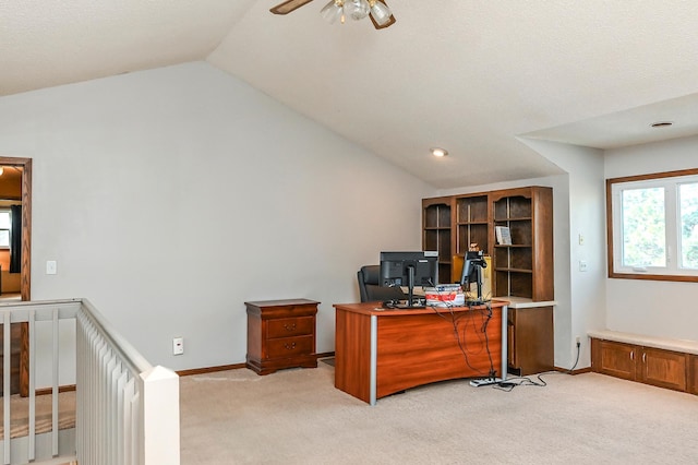 2904 Silver Lake Ct NE, Saint Anthony, MN 55421 - office featuring vaulted ceiling, light carpet, ceiling fan, and baseboards
