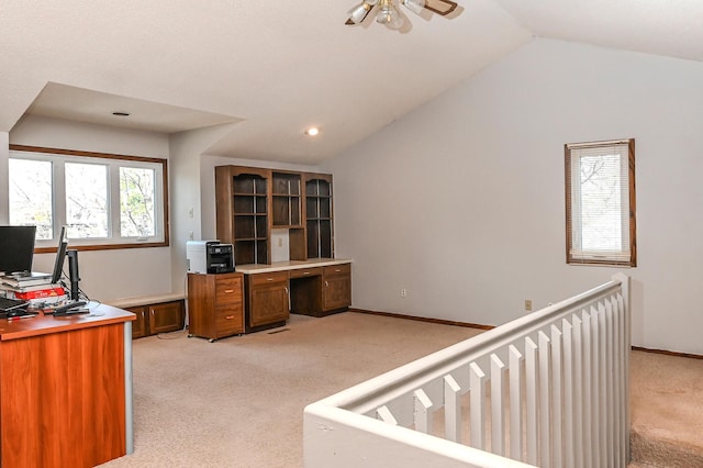 2904 Silver Lake Ct NE, Saint Anthony, MN 55421 - home office featuring light carpet, vaulted ceiling, a ceiling fan, and recessed lighting