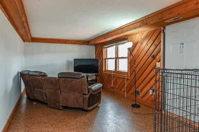 2904 Silver Lake Ct NE, Saint Anthony, MN 55421 - living area featuring baseboards, a textured ceiling, and wood walls