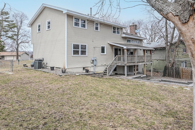 2904 Silver Lake Ct NE, Saint Anthony, MN 55421 - rear view of house featuring stairs, a chimney, central AC unit, and a deck