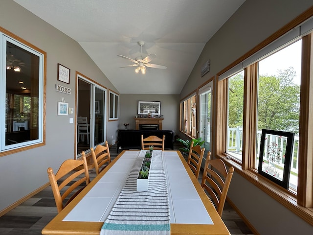 33617 Charlie Trapp Rd, Dent, MN 56528 - dining space featuring a fireplace, a ceiling fan, plenty of natural light, baseboards, and lofted ceiling