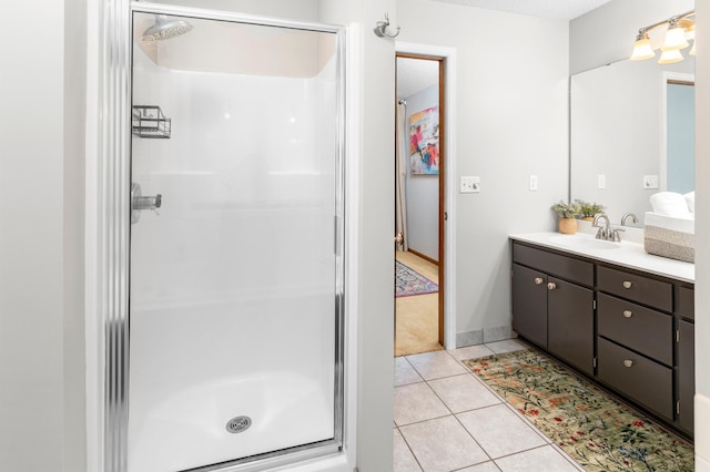1212 Mill Creek Cir, Saint Cloud, MN 56303 - bathroom with vanity, a stall shower, and tile patterned floors