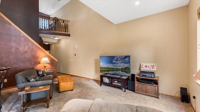 16895 78th Pl N, Maple Grove, MN 55311 - carpeted living area with high vaulted ceiling and baseboards