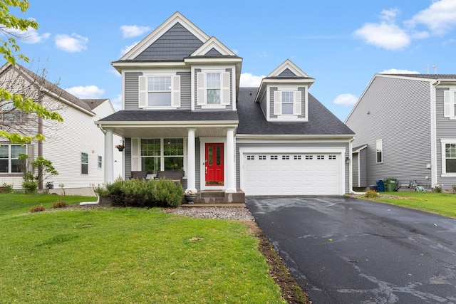 11955 84th Pl N, Maple Grove, MN 55369 - view of front facade with driveway, a front yard, a porch, a shingled roof, and an attached garage