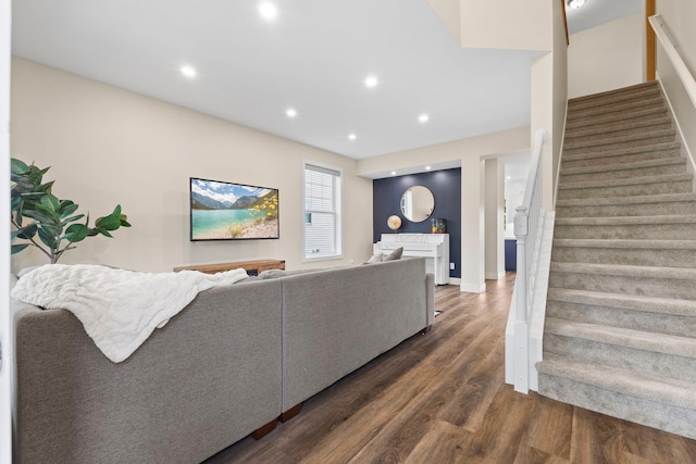 11955 84th Pl N, Maple Grove, MN 55369 - living area featuring dark wood finished floors, stairway, recessed lighting, and baseboards