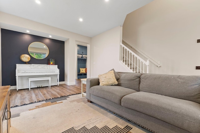 11955 84th Pl N, Maple Grove, MN 55369 - living room featuring wood finished floors, recessed lighting, baseboards, and stairway