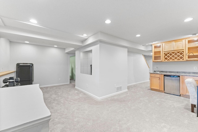 11955 84th Pl N, Maple Grove, MN 55369 - kitchen featuring stainless steel dishwasher, open shelves, light colored carpet, recessed lighting, and open floor plan