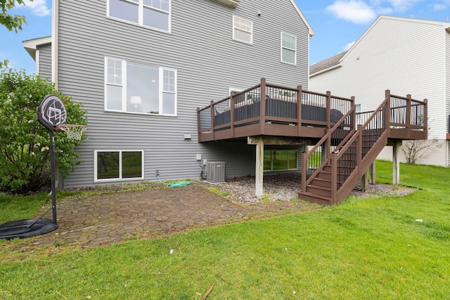 11955 84th Pl N, Maple Grove, MN 55369 - back of house featuring central air condition unit, a wooden deck, a lawn, a patio, and stairs