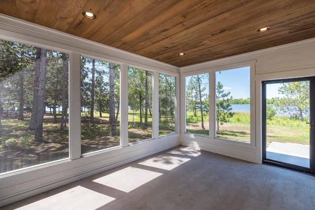 29655 E Horseshoe Lake Rd, Mission Twp, MN 56465 - unfurnished sunroom with wood ceiling, a water view, recessed lighting, and wood finished floors